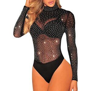 Sheer Mesh Turtleneck See Through Leotard Bodysuit Long Sleeve Stretchy Sexy NWT